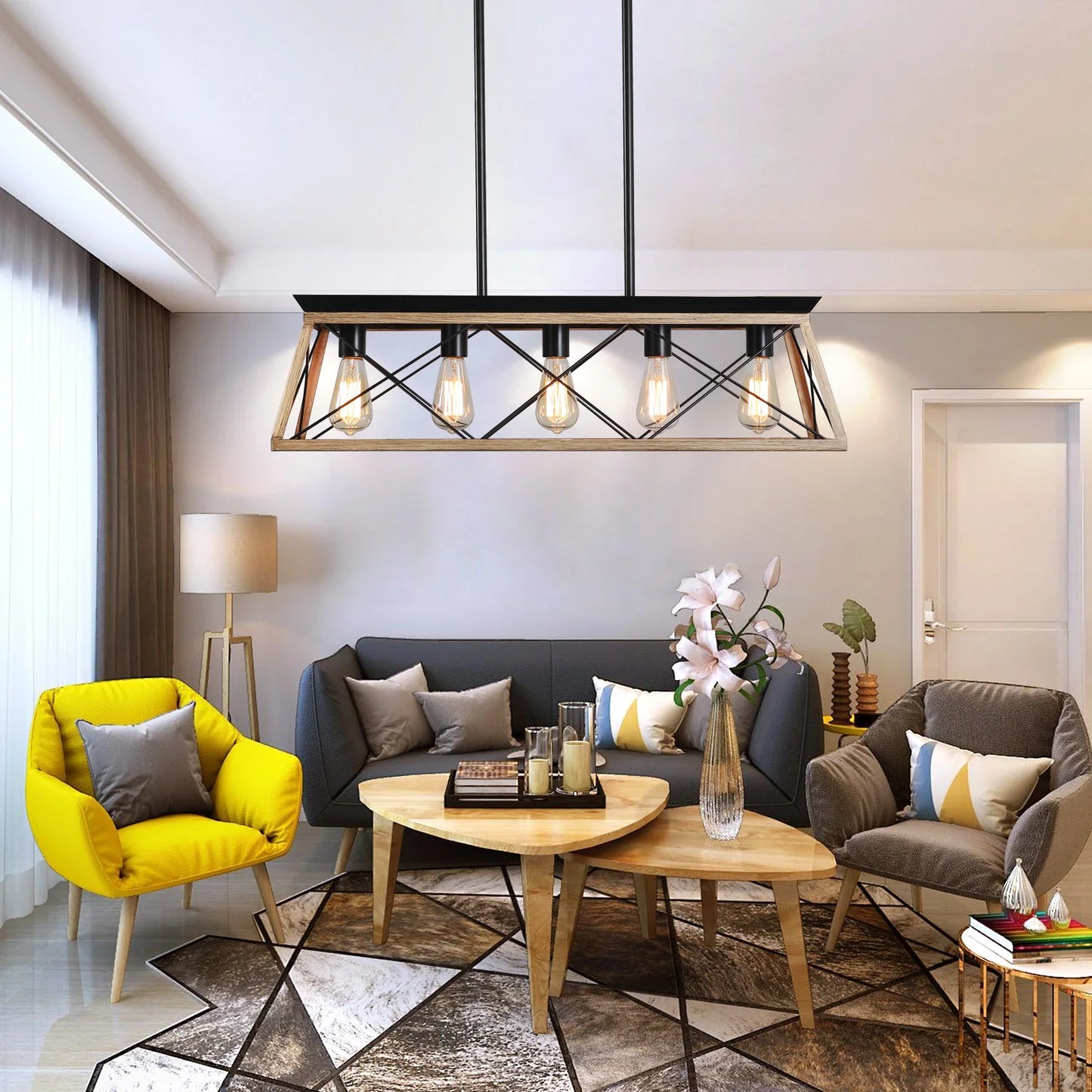 ARLGSITE Farmhouse 5 Light Pendant Chandelier For Dining Room Oak