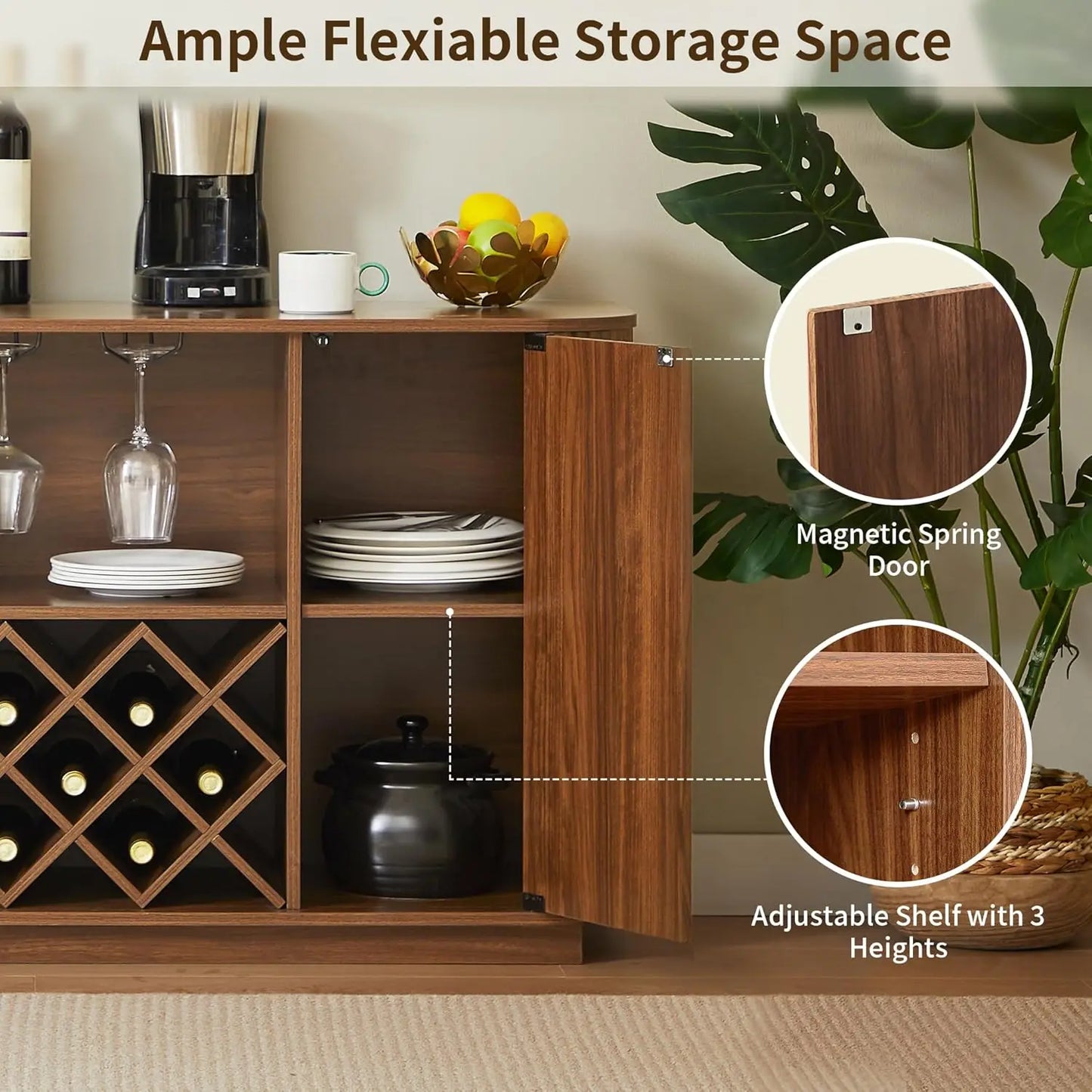 Fluted Buffet Cabinet With Storage And Wine Racks Walnut