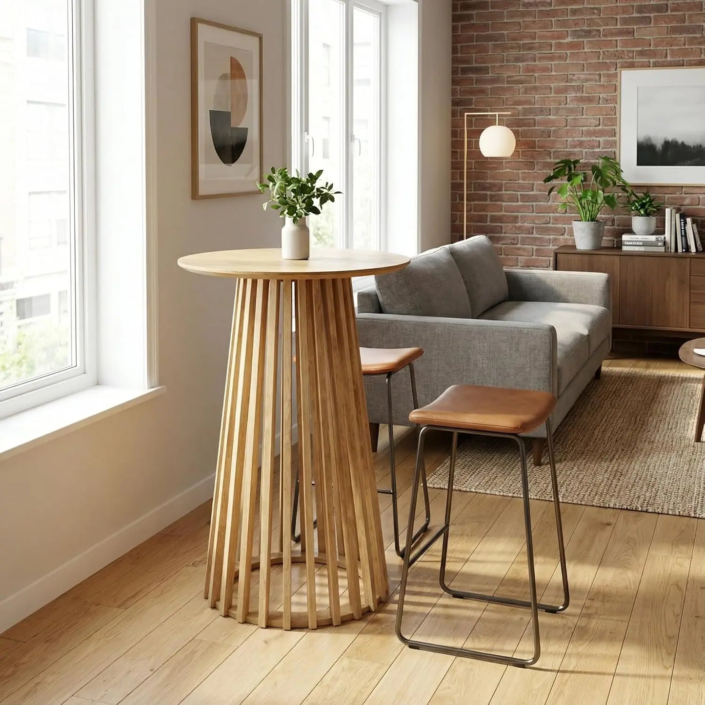 Modern Round Wood Bar Table With Geometric Base For Kitchen
