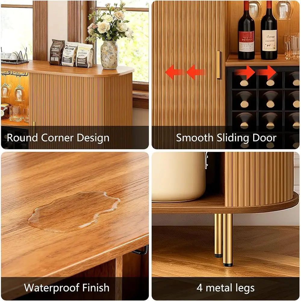 Walnut Wood Wine Cabinet With LED Bar Storage Glass Holder