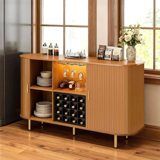 Walnut Wood Wine Cabinet With LED Bar Storage Glass Holder