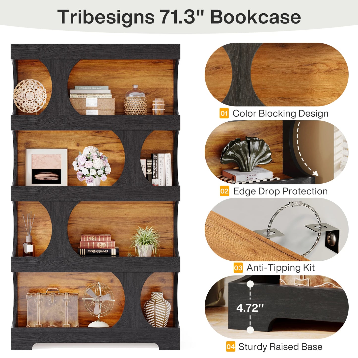 Tribesigns 4 Tier S Shaped Bookcase Wood Storage Display Shelves