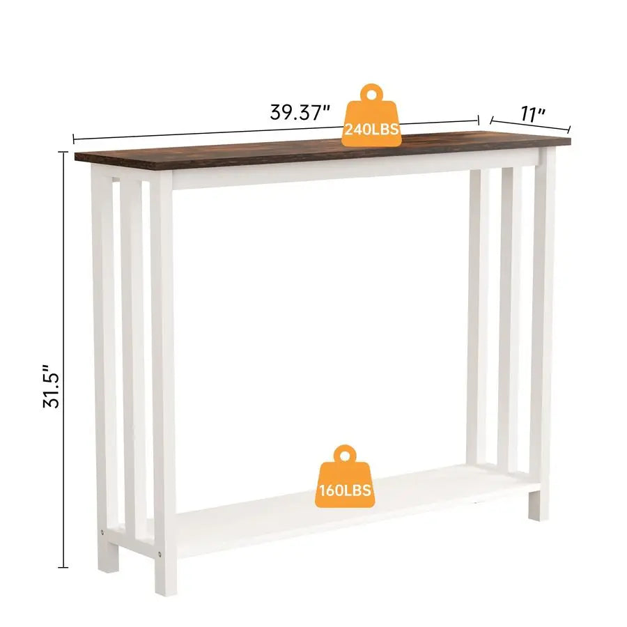 Farmhouse Solid Wood Console Table With 2 Tier Storage Shelves