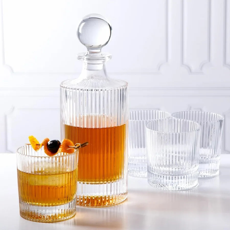 NONEDrinkware Four Piece Whiskey Decanter Set With Embossed Glassware