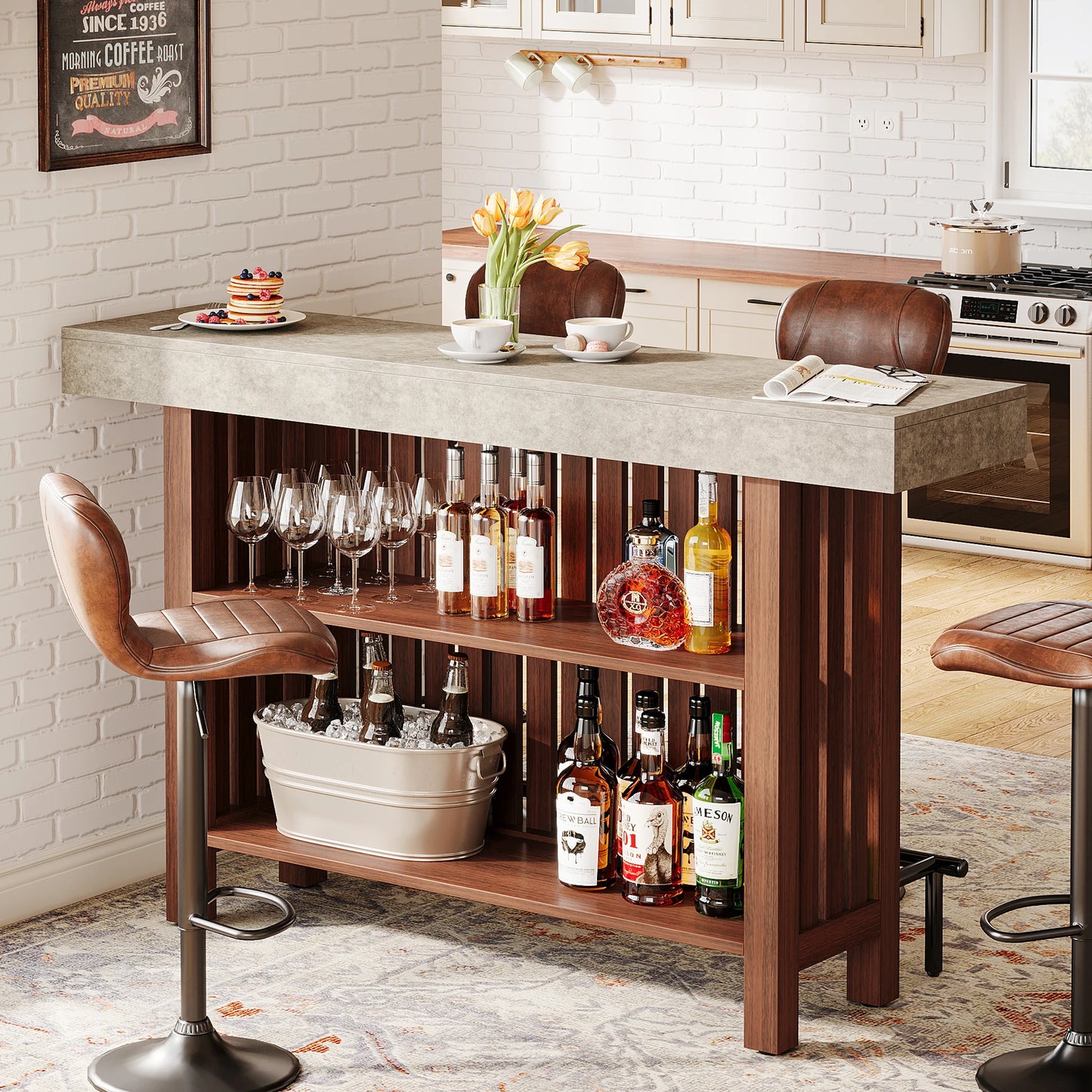Tribesigns Home Bar Unit With 2-Tier Pub Table And Storage