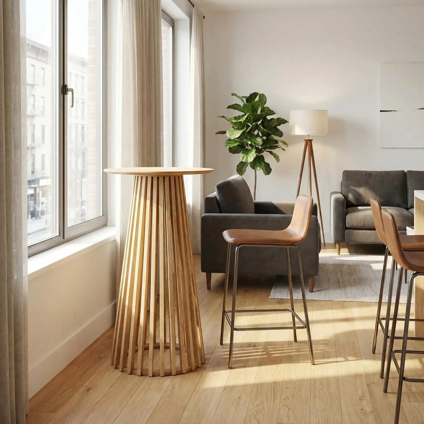 Modern Round Wood Bar Table With Geometric Base For Kitchen