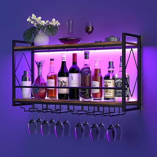 Wall Mount Wine Rack With Glass Holder And LED Shelf