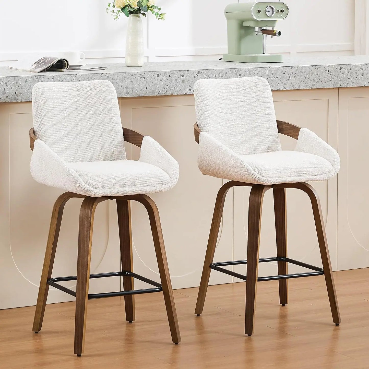 Counter Height Swivel Bar Stools Set 2 Walnut Bentwood Back