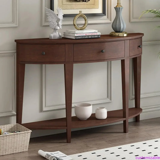 XMSJ Curved Design Console Table With Solid Wood Frame And 3 Storage Drawers