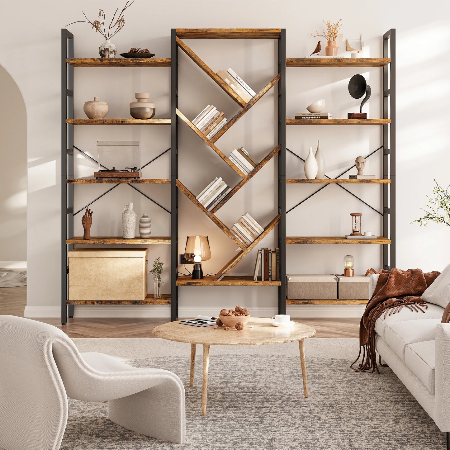 Five Tier Wooden Bookshelf With Metal Frame Modern Bookcase