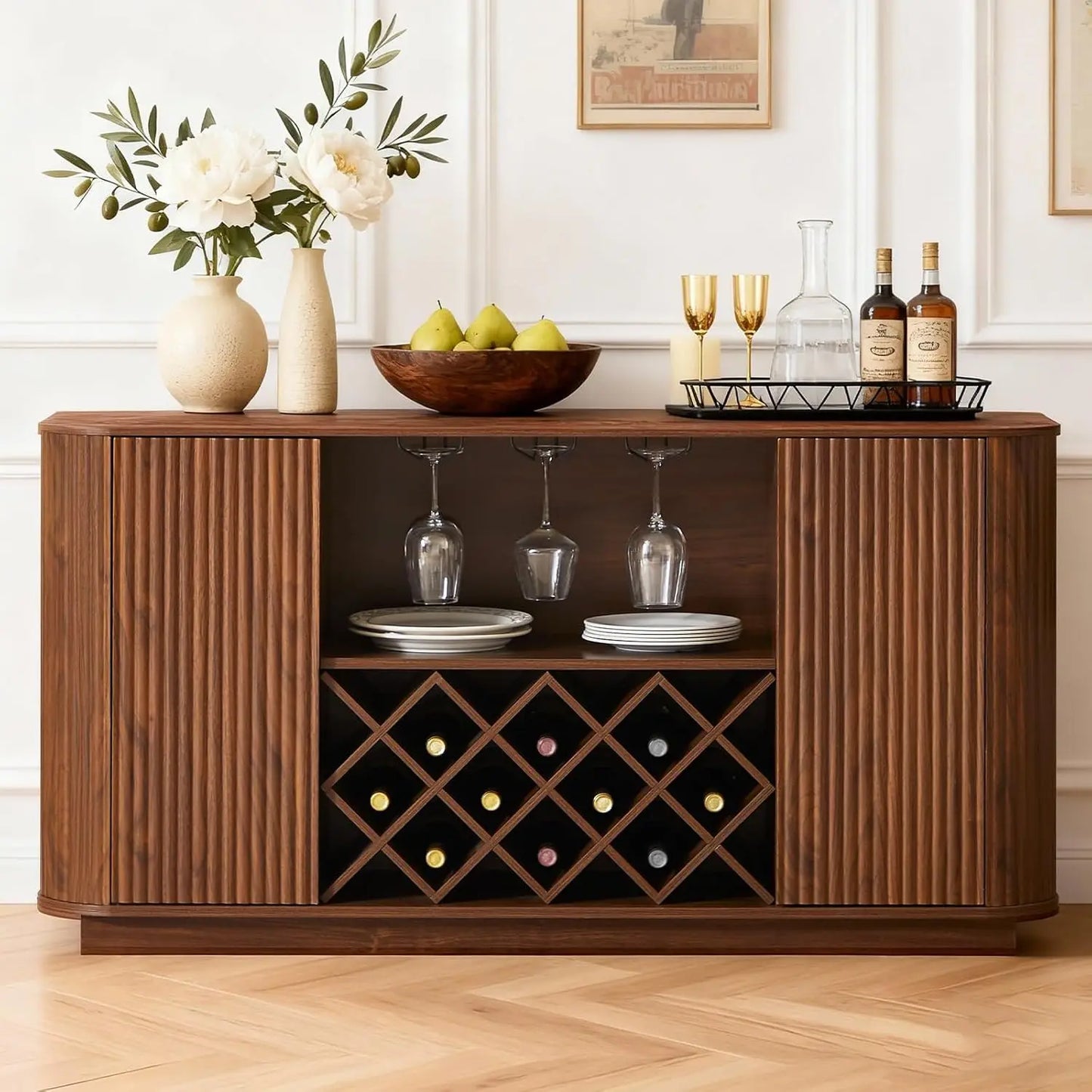 Fluted Buffet Cabinet With Storage And Wine Racks Walnut