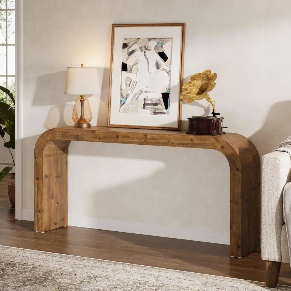Solid Wood Console Table Farmhouse Sofa Table With Curved Corners
