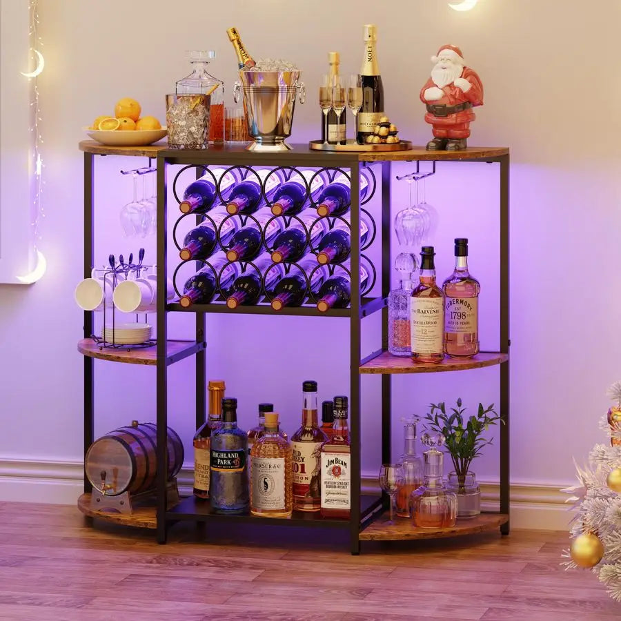 Wine Bar Cabinet With LED Lights Mini Rack Glass Holder