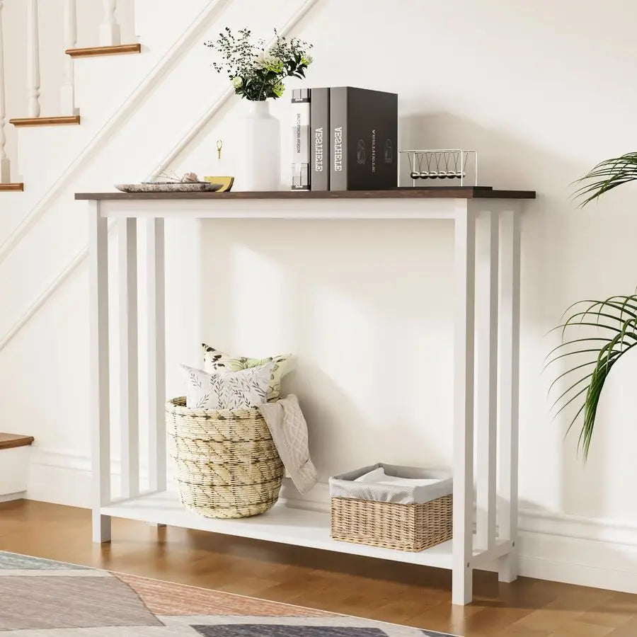 Farmhouse Solid Wood Console Table With 2 Tier Storage Shelves