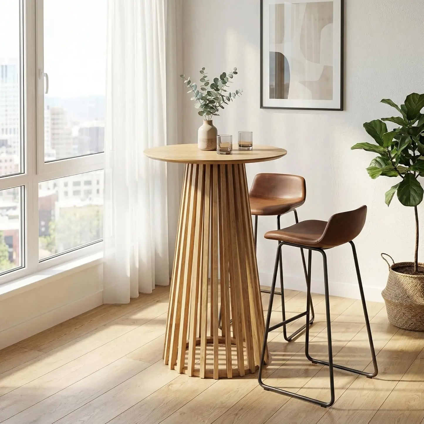 Modern Round Wood Bar Table With Geometric Base For Kitchen