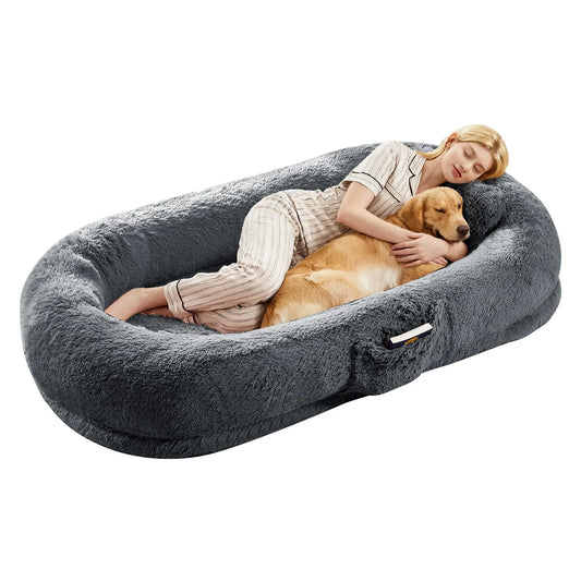 HiMISSCN Orthopedic Faux Fur Human Pet Bed With Side Pocket