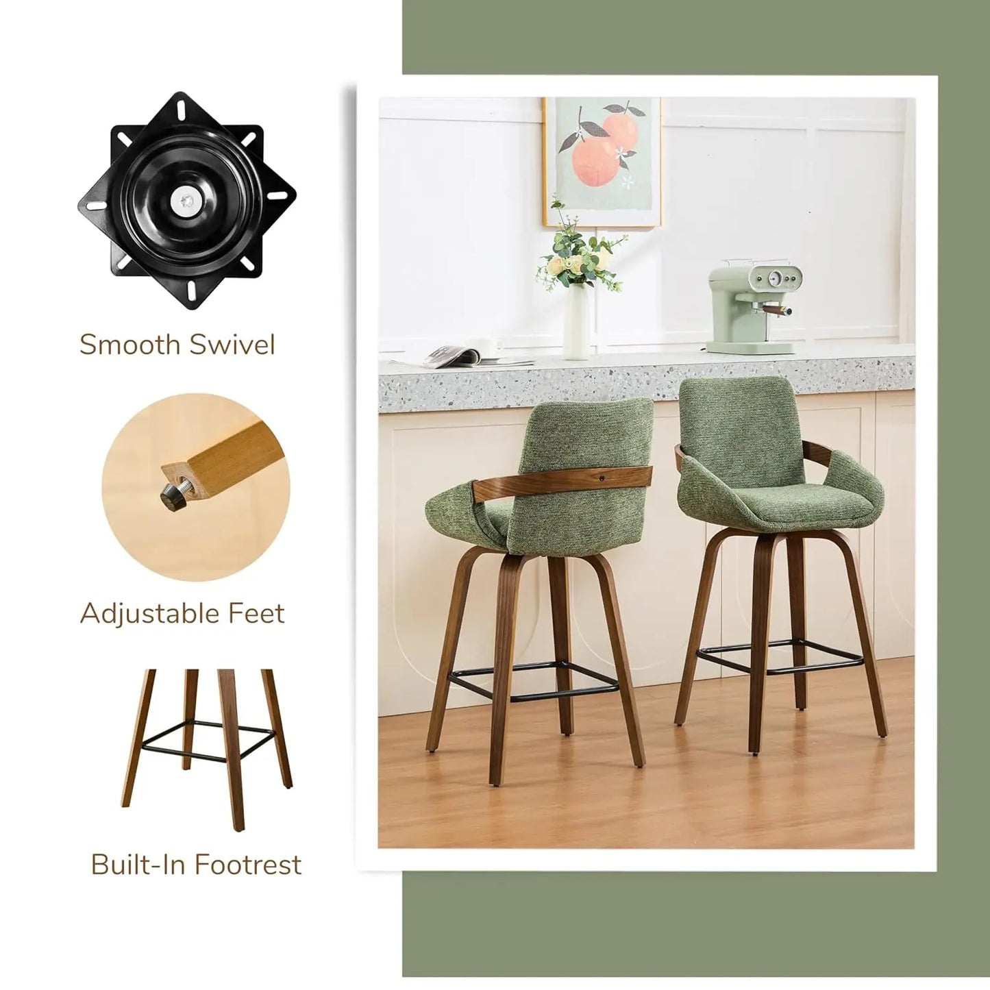 Counter Height Swivel Bar Stools Set 2 Walnut Bentwood Back