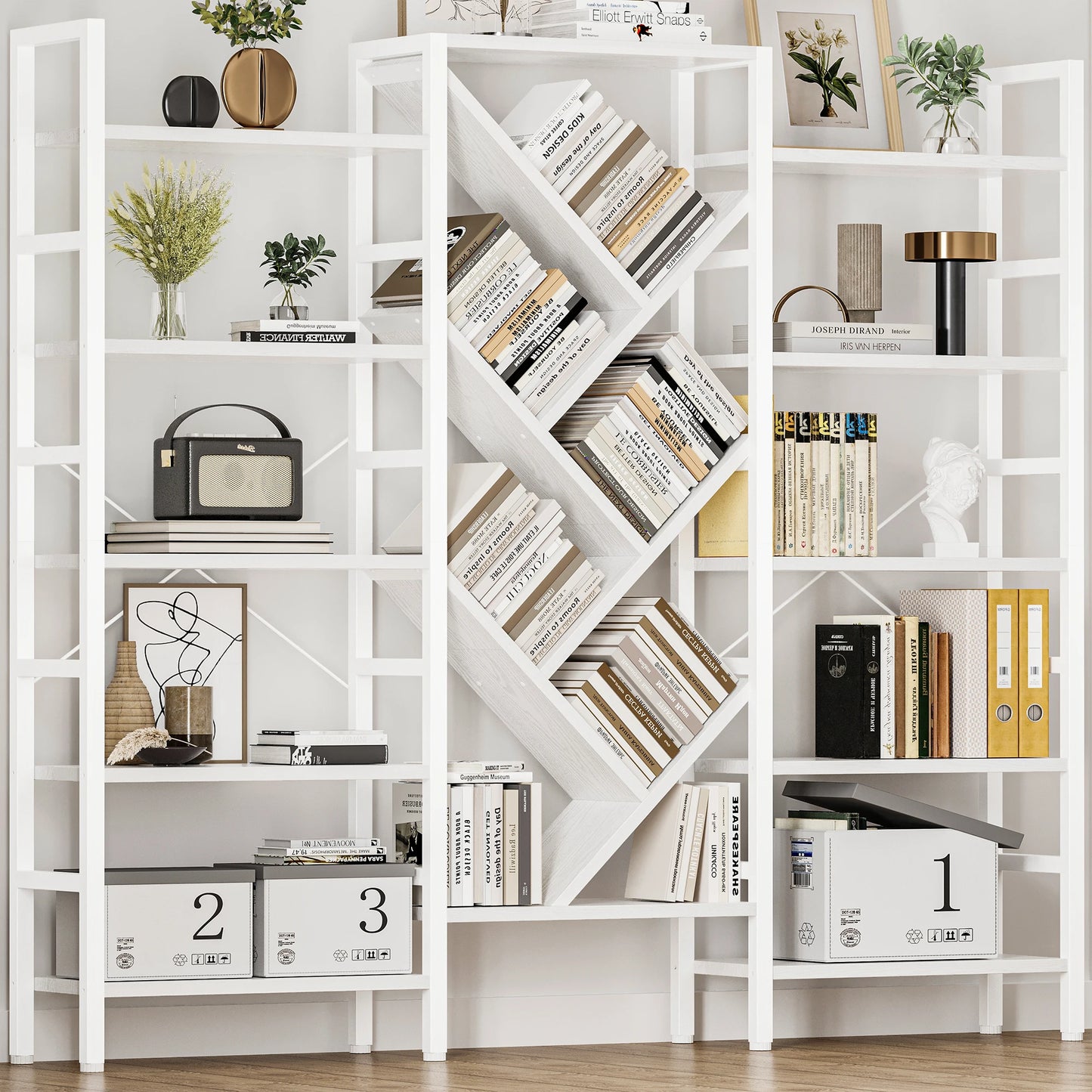 Five Tier Wooden Bookshelf With Metal Frame Modern Bookcase