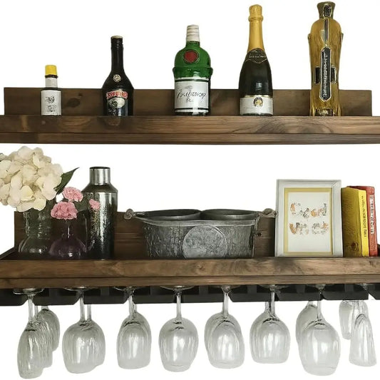 Wall Mounted Solid Wood Wine Rack Shelves Two Piece Set