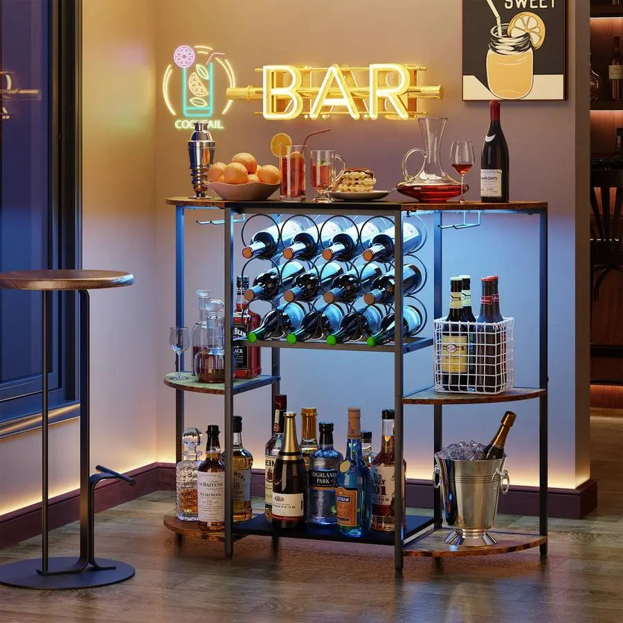 Wine Bar Cabinet With LED Lights Mini Rack Glass Holder