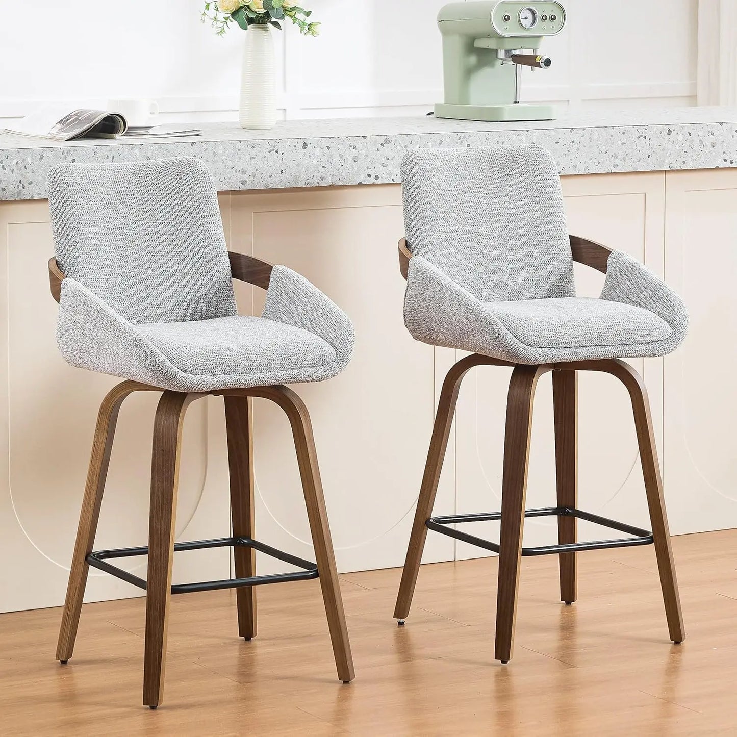 Counter Height Swivel Bar Stools Set 2 Walnut Bentwood Back