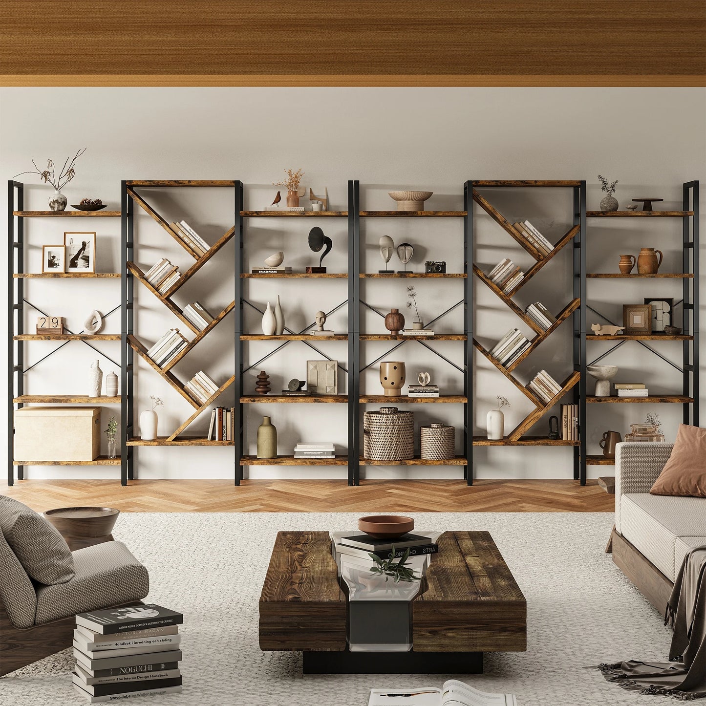 Five Tier Wooden Bookshelf With Metal Frame Modern Bookcase