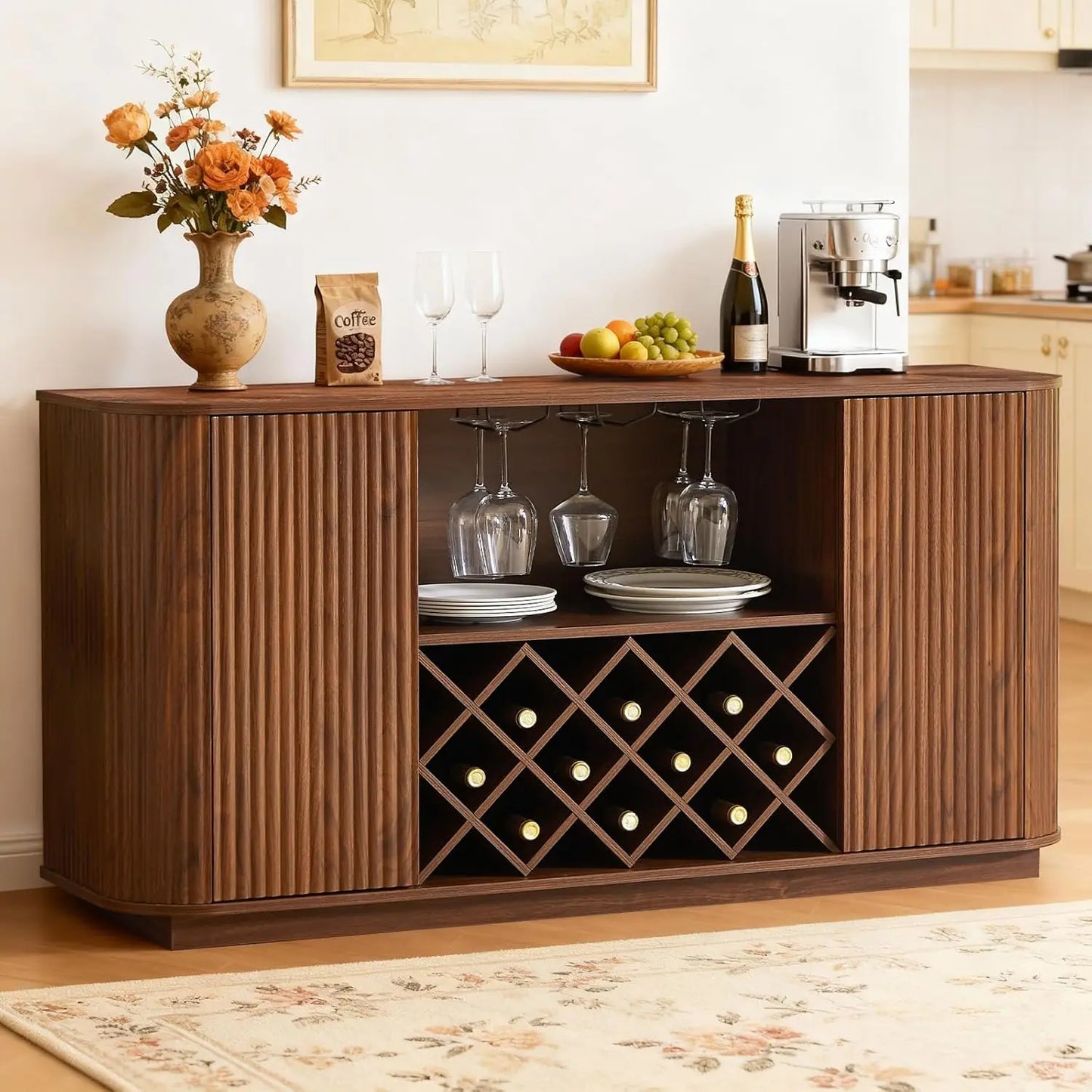 Fluted Buffet Cabinet With Storage And Wine Racks Walnut