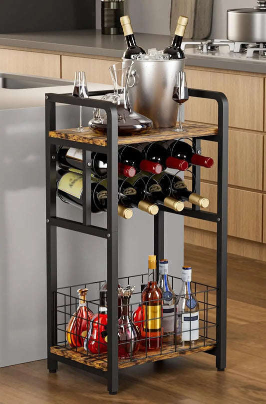 Three Tier Freestanding Wine Rack With Wood For Small Spaces