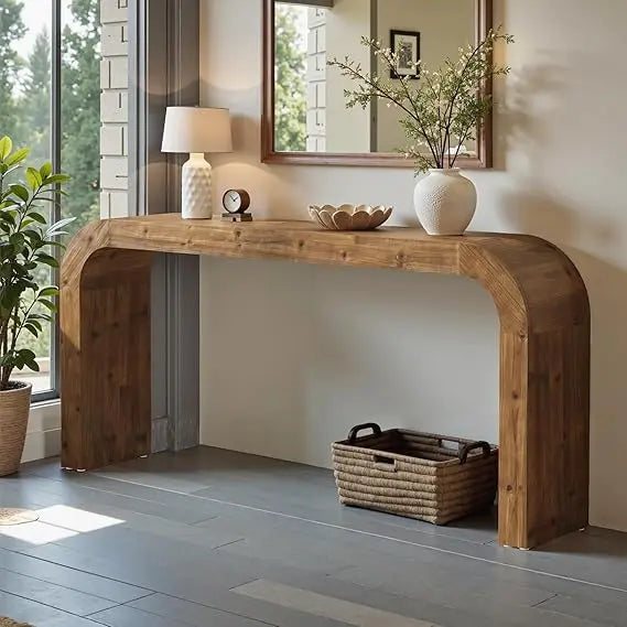 Solid Wood Console Table Farmhouse Sofa Table With Curved Corners