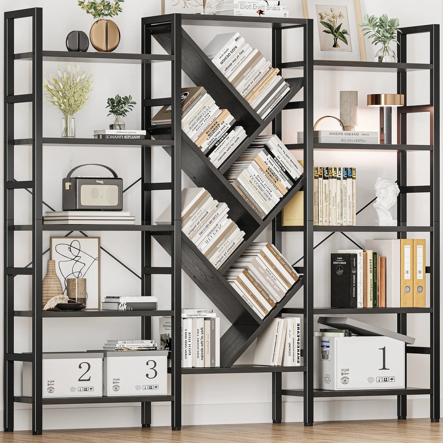 Five Tier Wooden Bookshelf With Metal Frame Modern Bookcase