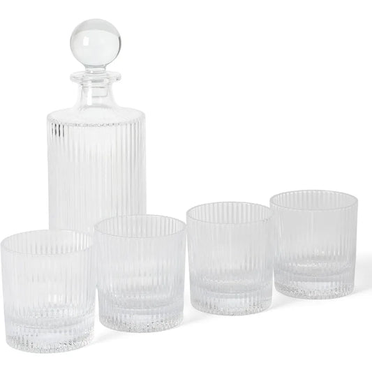 NONEDrinkware Four Piece Whiskey Decanter Set With Embossed Glassware