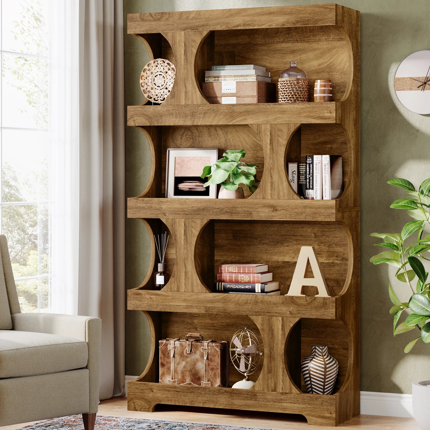 Tribesigns 4 Tier S Shaped Bookcase Wood Storage Display Shelves