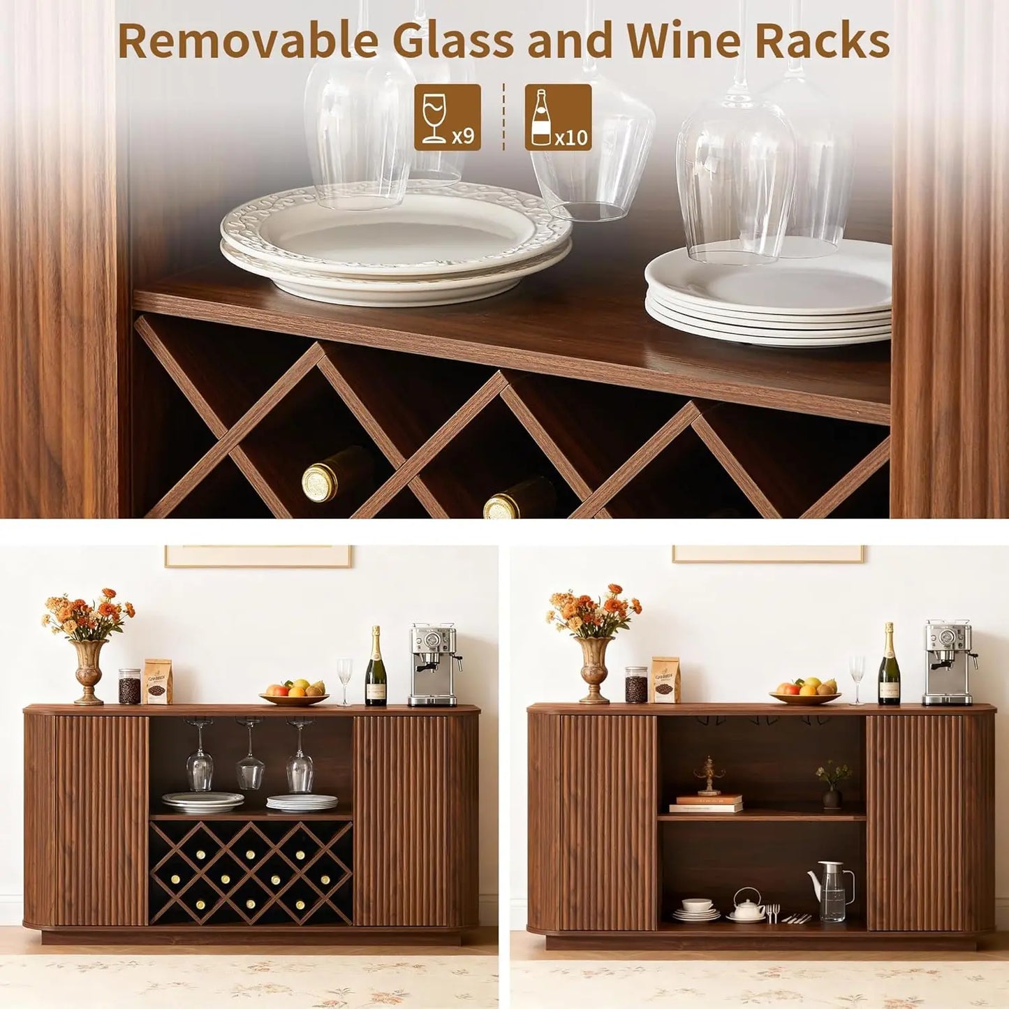 Fluted Buffet Cabinet With Storage And Wine Racks Walnut