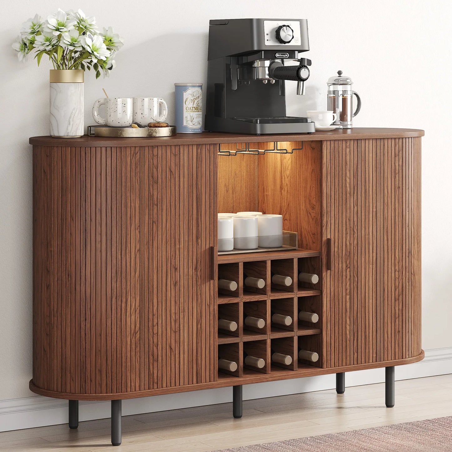 None Wine Bar Cabinet With LED Light And Glass Holder