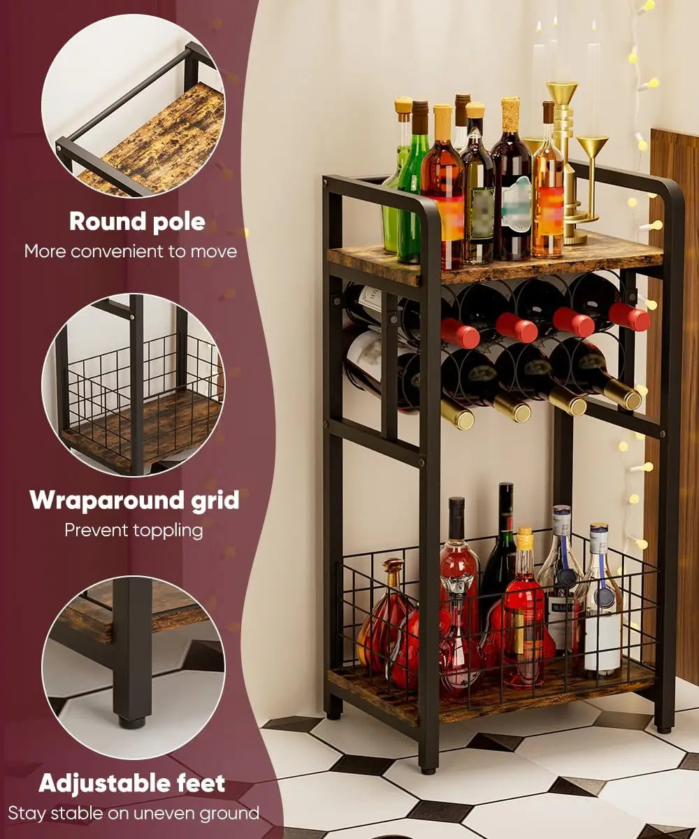 Three Tier Freestanding Wine Rack With Wood For Small Spaces