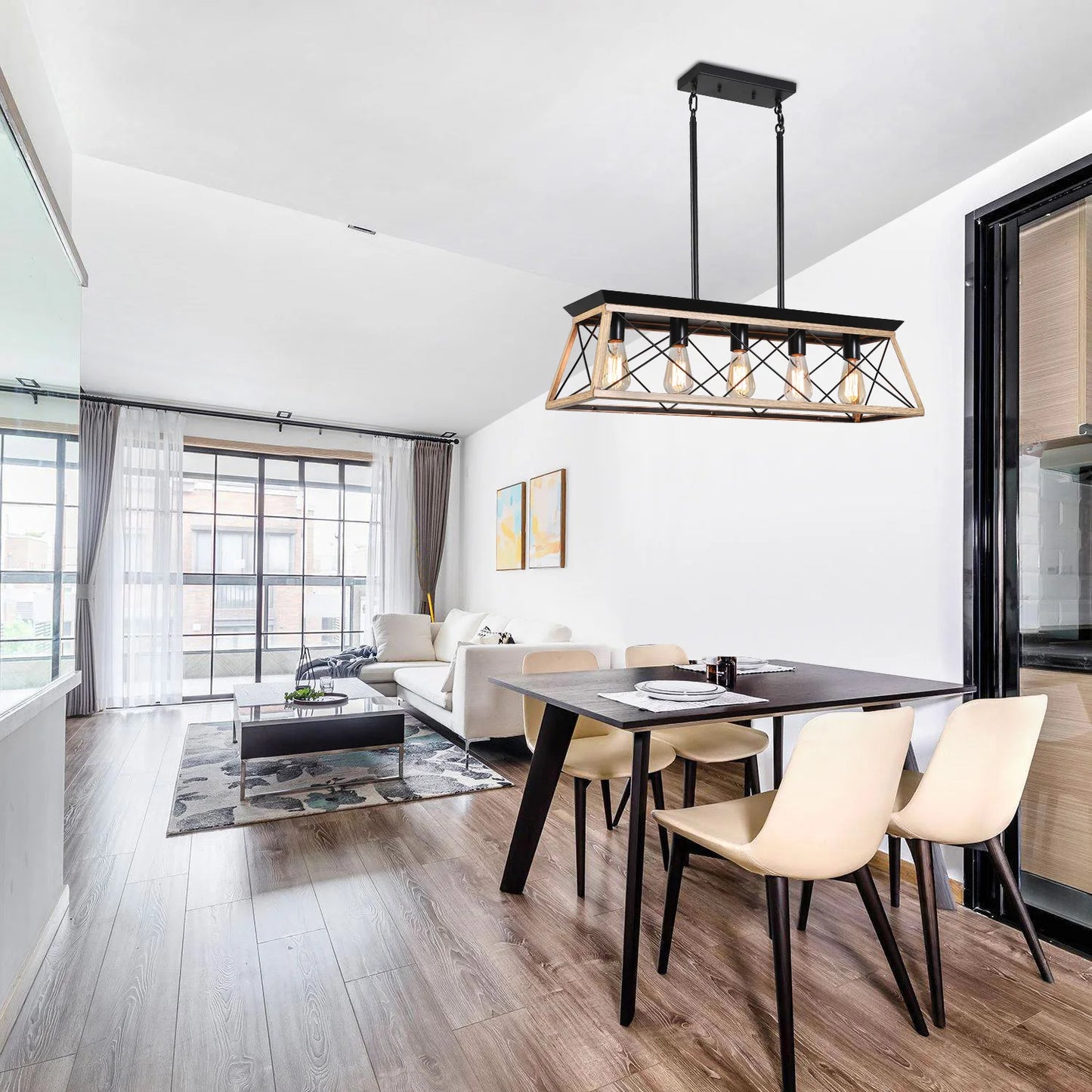 ARLGSITE Farmhouse 5 Light Pendant Chandelier For Dining Room Oak