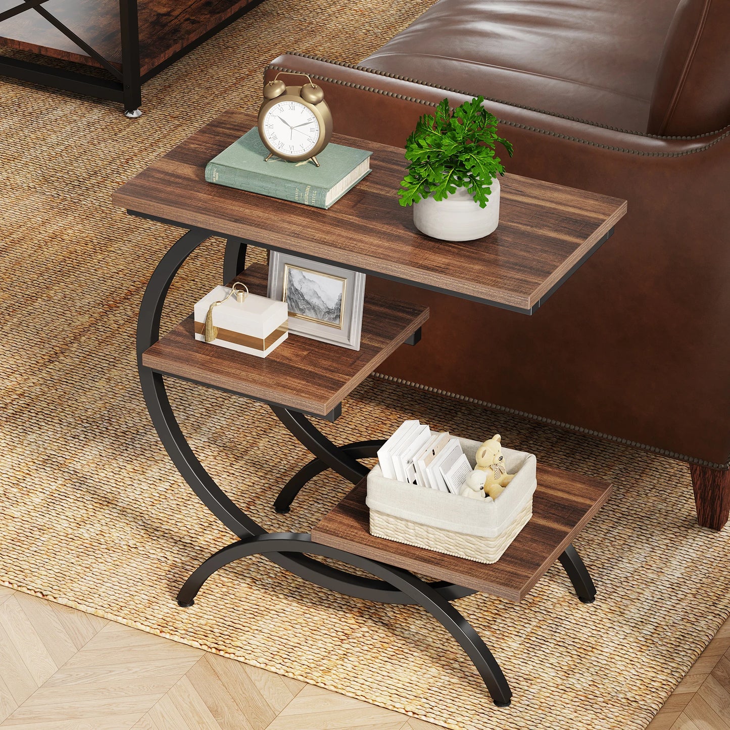 Tribesigns C Shaped End Table 3 Tier Industrial Side Storage