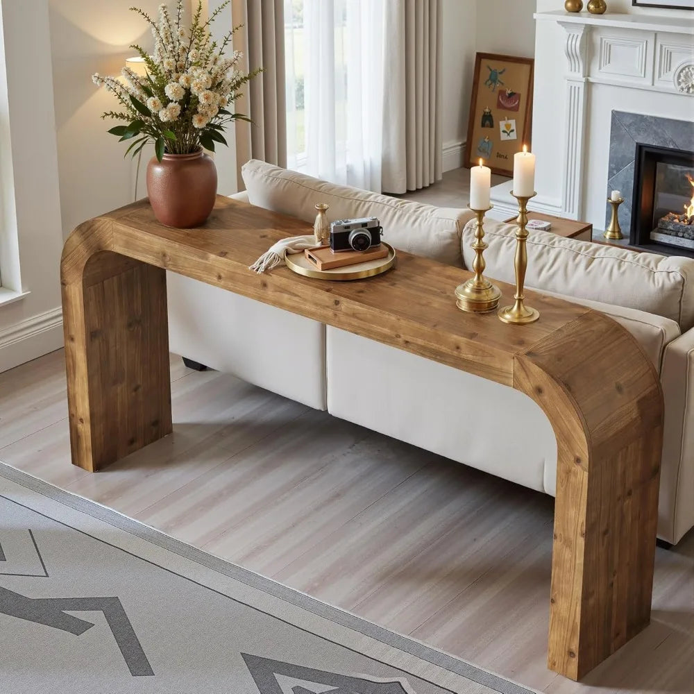 Solid Wood Console Table Farmhouse Sofa Table With Curved Corners