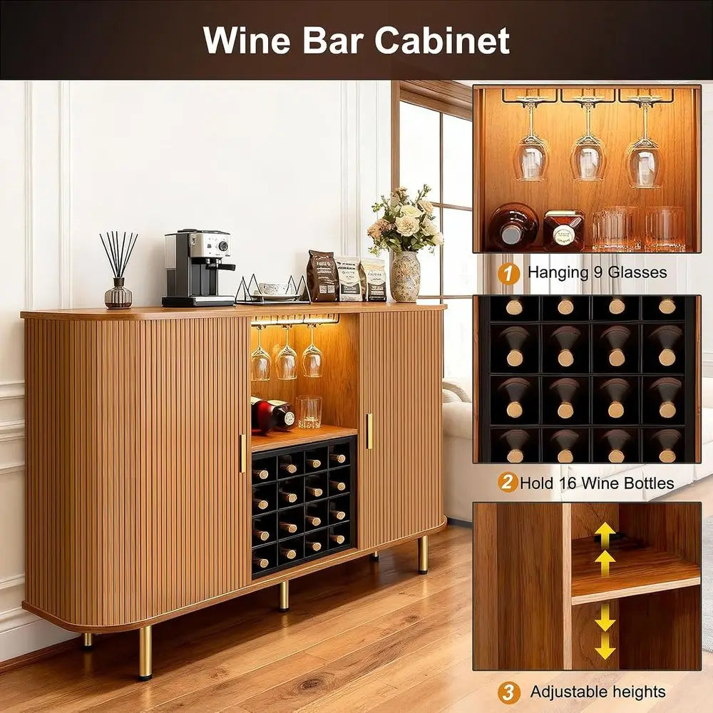 Walnut Wood Wine Cabinet With LED Bar Storage Glass Holder