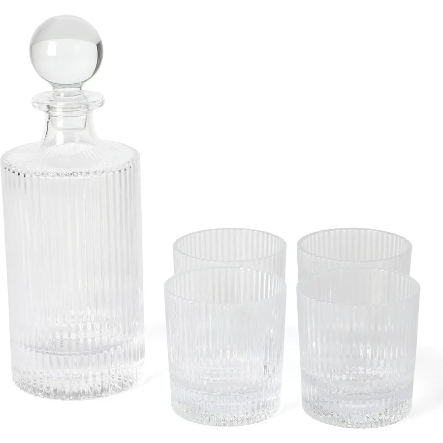 NONEDrinkware Four Piece Whiskey Decanter Set With Embossed Glassware