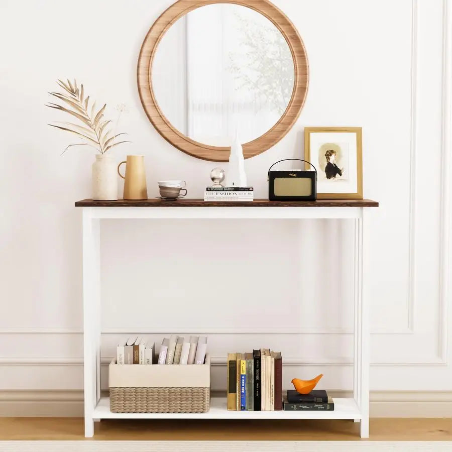 Farmhouse Solid Wood Console Table With 2 Tier Storage Shelves