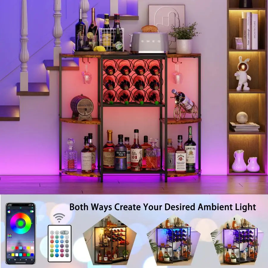 Wine Bar Cabinet With LED Lights Mini Rack Glass Holder
