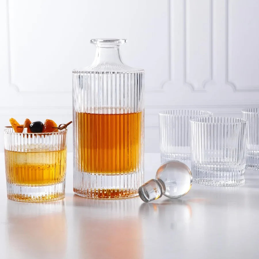 NONEDrinkware Four Piece Whiskey Decanter Set With Embossed Glassware