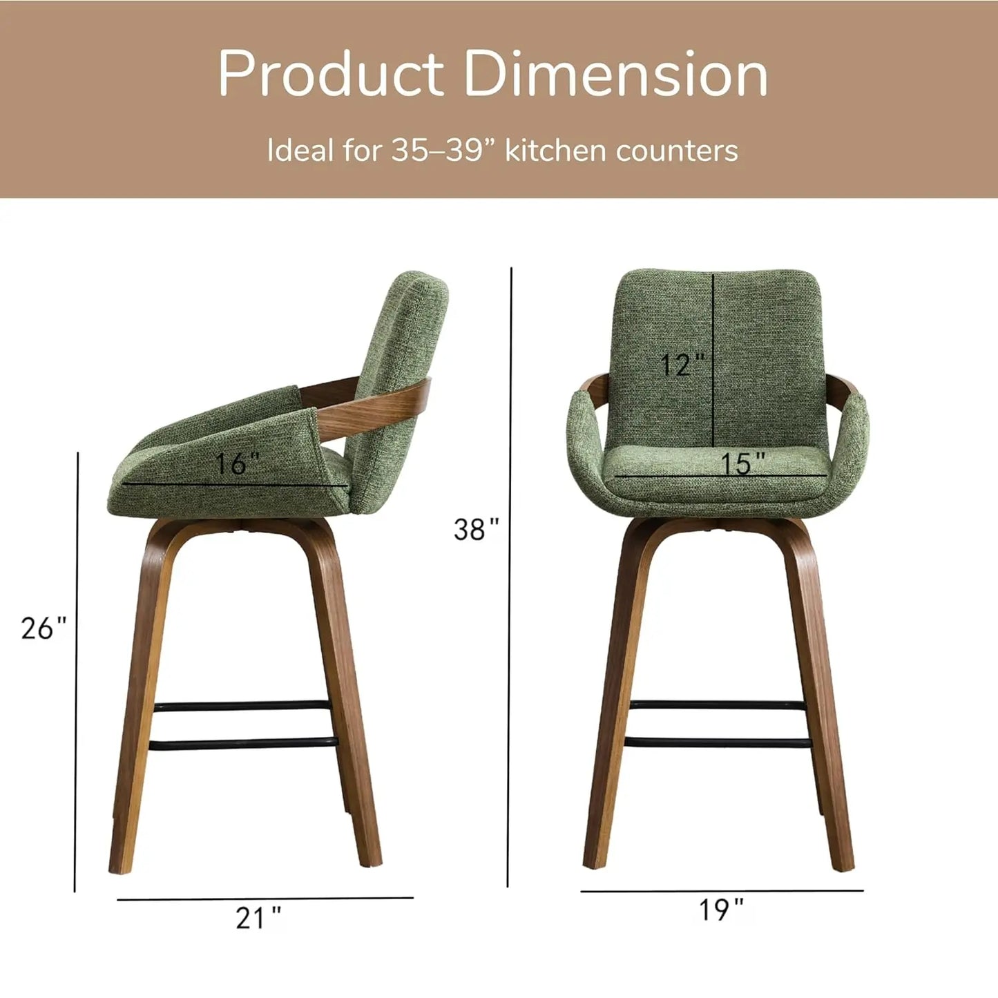 Counter Height Swivel Bar Stools Set 2 Walnut Bentwood Back