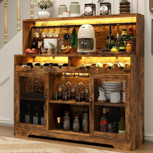 Wine Bar Cabinet With LED Lights And Glass Holder Storage