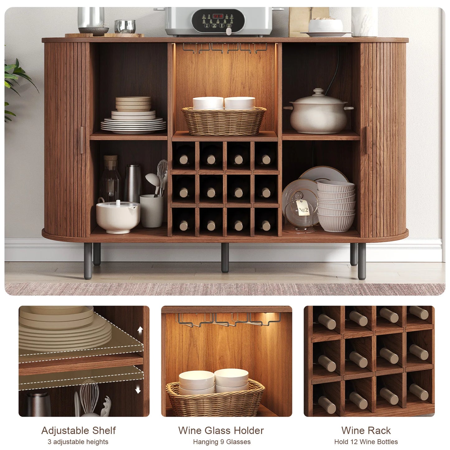 None Wine Bar Cabinet With LED Light And Glass Holder