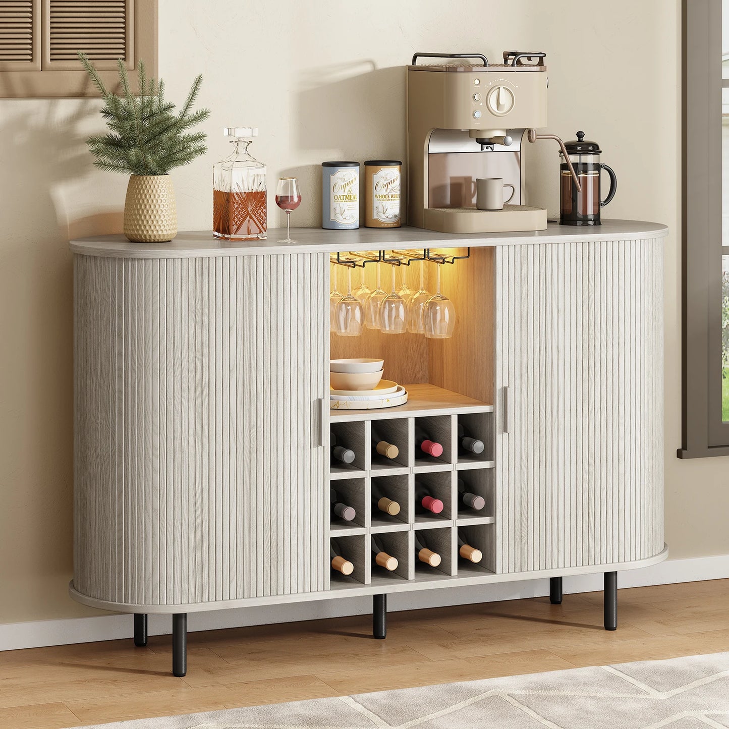 None Wine Bar Cabinet With LED Light And Glass Holder