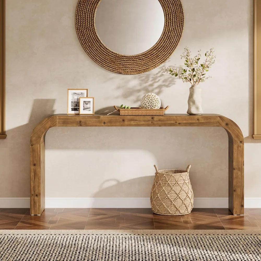 Solid Wood Console Table Farmhouse Sofa Table With Curved Corners