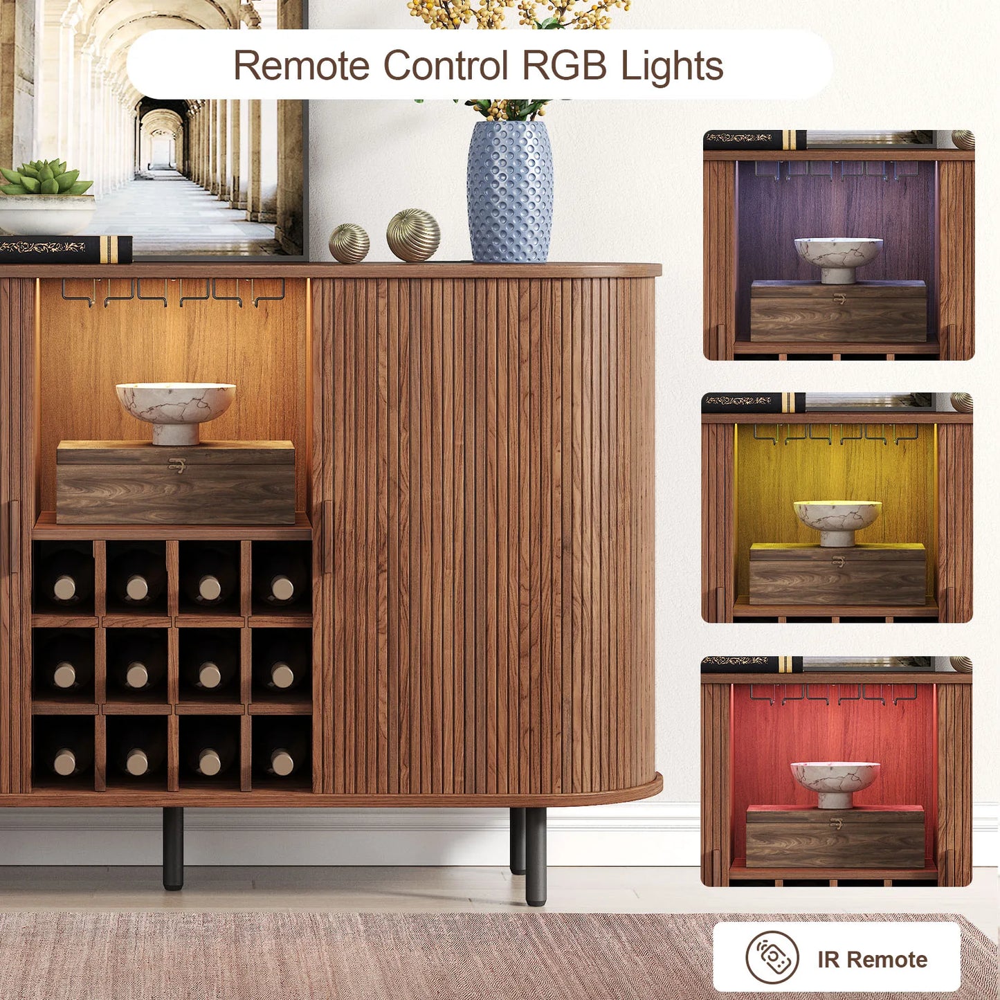 None Wine Bar Cabinet With LED Light And Glass Holder