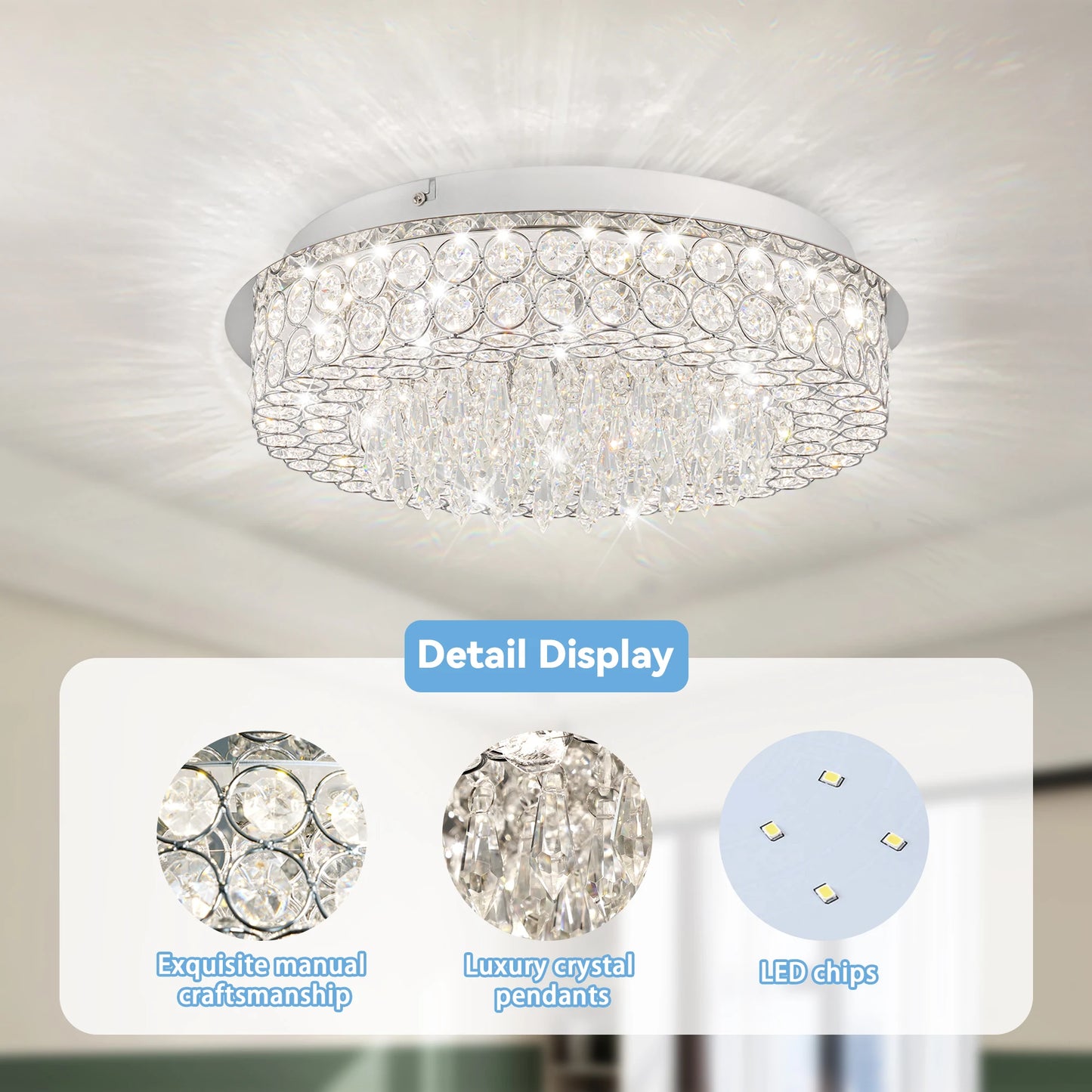 Crystal Flush Mount Ceiling Light LED Chandelier For Bedroom And Living Room